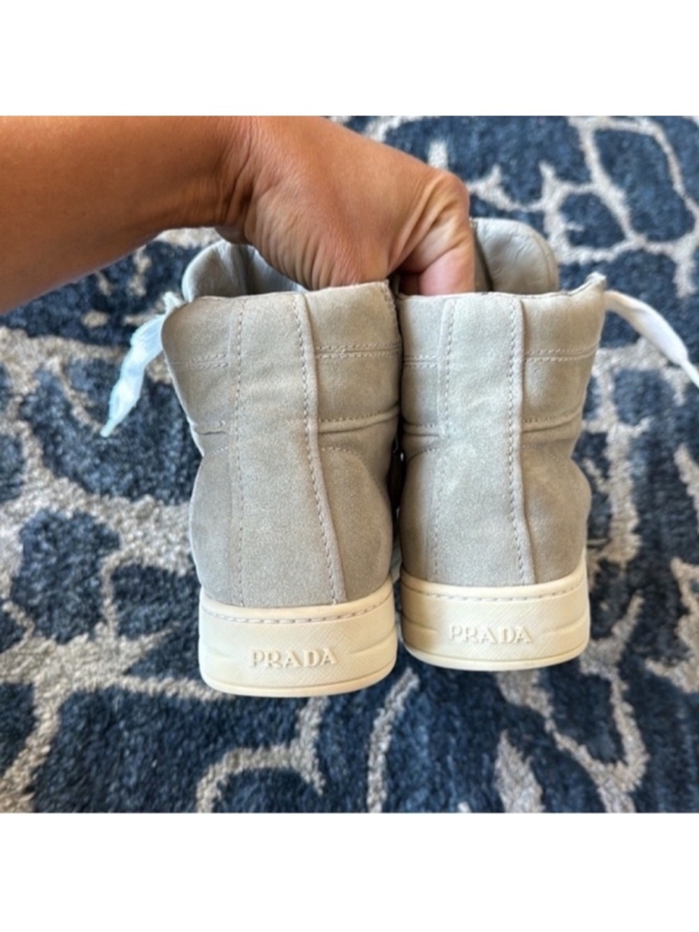 Prada Suede Leather High Top Sneakers Sz 6/36.5 Gray Logo Lace up Side Zipper - Picture 11 of 15